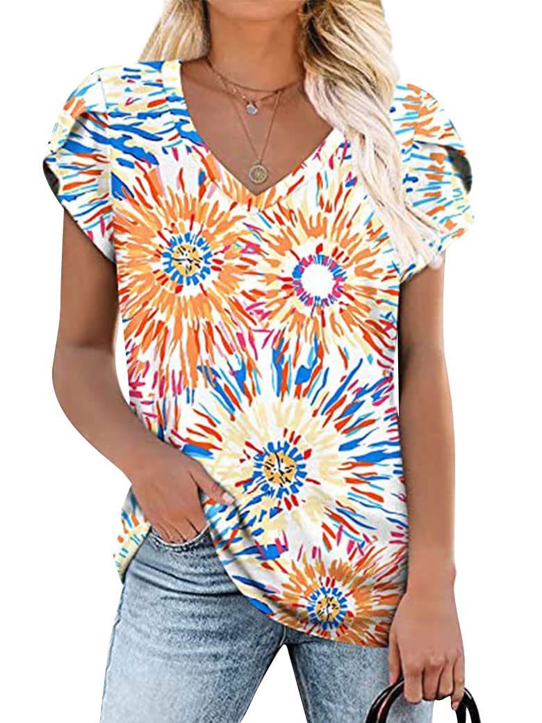 Summer Creative Tie-dye Floral V-neck Loose-fitting Women&#039;s Petal Sleeve Shell Sleeve T-shirt