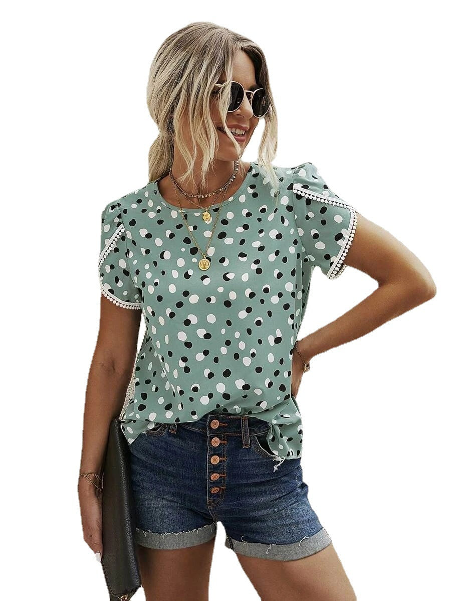 Casual Round Neck Summer Loose Shirt Polka Dot Print Lace Short Sleeve Top Women