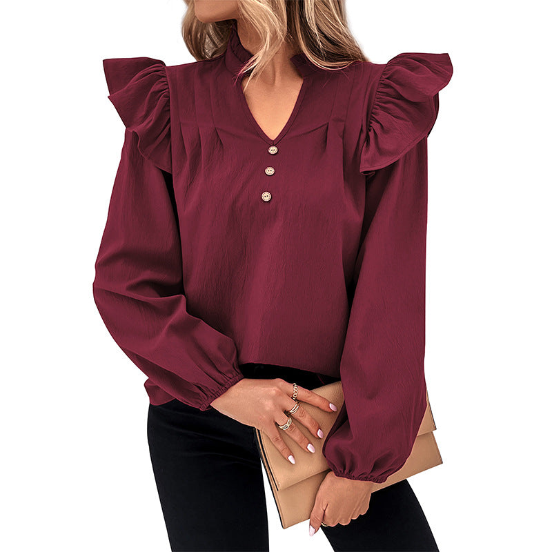 Red Long-sleeved Solid Color Shirt Women