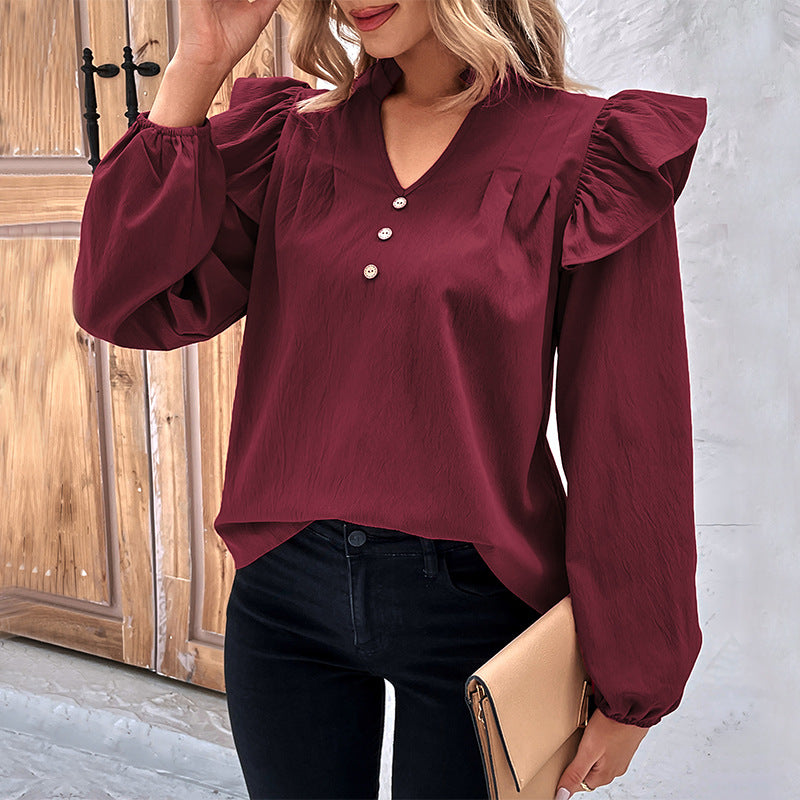 Red Long-sleeved Solid Color Shirt Women