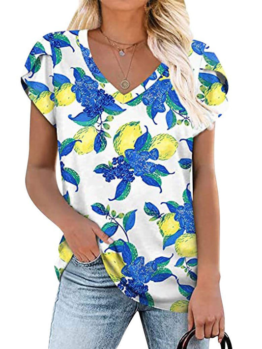 Summer Creative Tie-dye Floral V-neck Loose-fitting Women's Petal Sleeve Shell Sleeve T-shirt