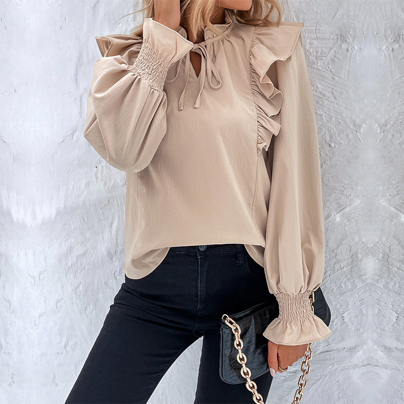 Ruffled Long-sleeved Solid Color Shirt