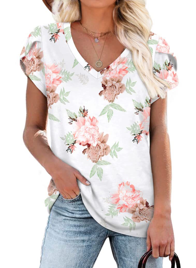 Summer Creative Tie-dye Floral V-neck Loose-fitting Women&#039;s Petal Sleeve Shell Sleeve T-shirt